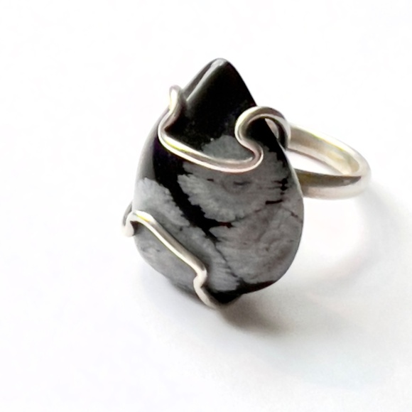Snowflake Obsidian Statement Ring - 1" Teardrop - Adjustable -Vintage - Picture 5 of 11